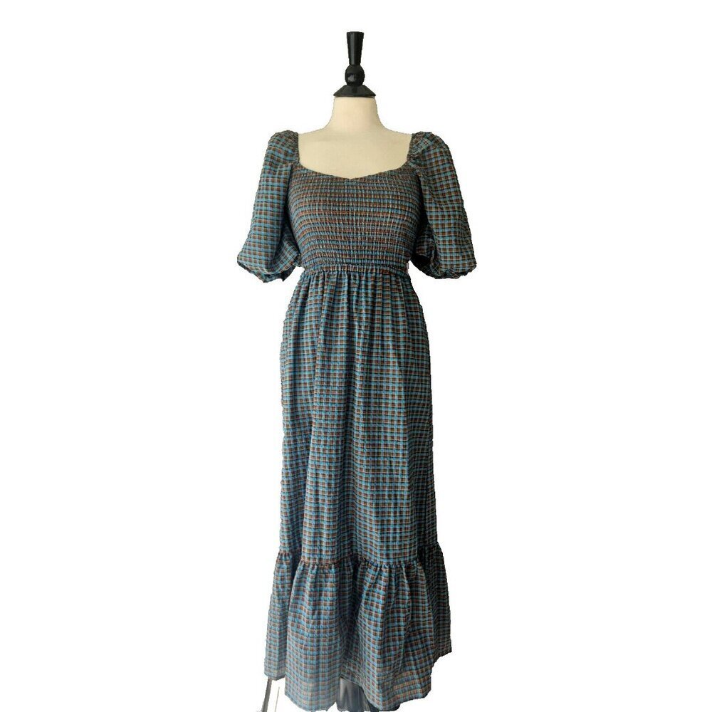 NWT WAYF Cutout Smocked Midi Dress in Blue and Brown Plaid Print Size M